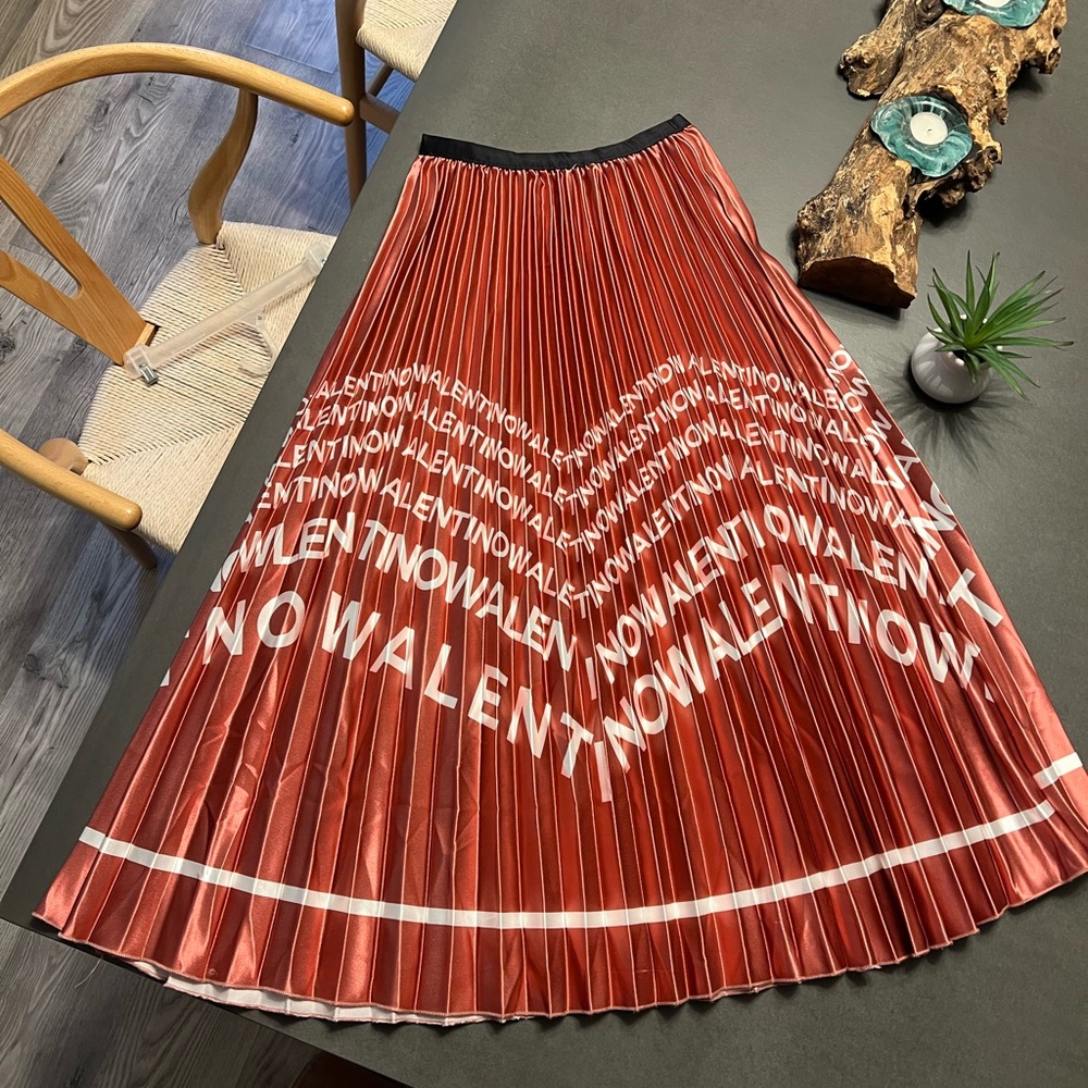 Women long satin pleated fashion skirt elastic waist with white letters elegant